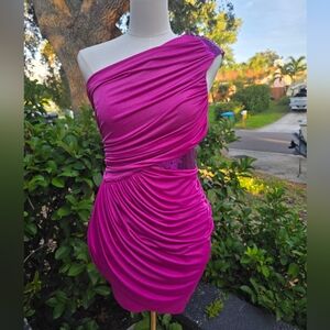 2b Bebe Hot  magenta Pink One Shoulder Sequin Ruched Mini Dress S/M